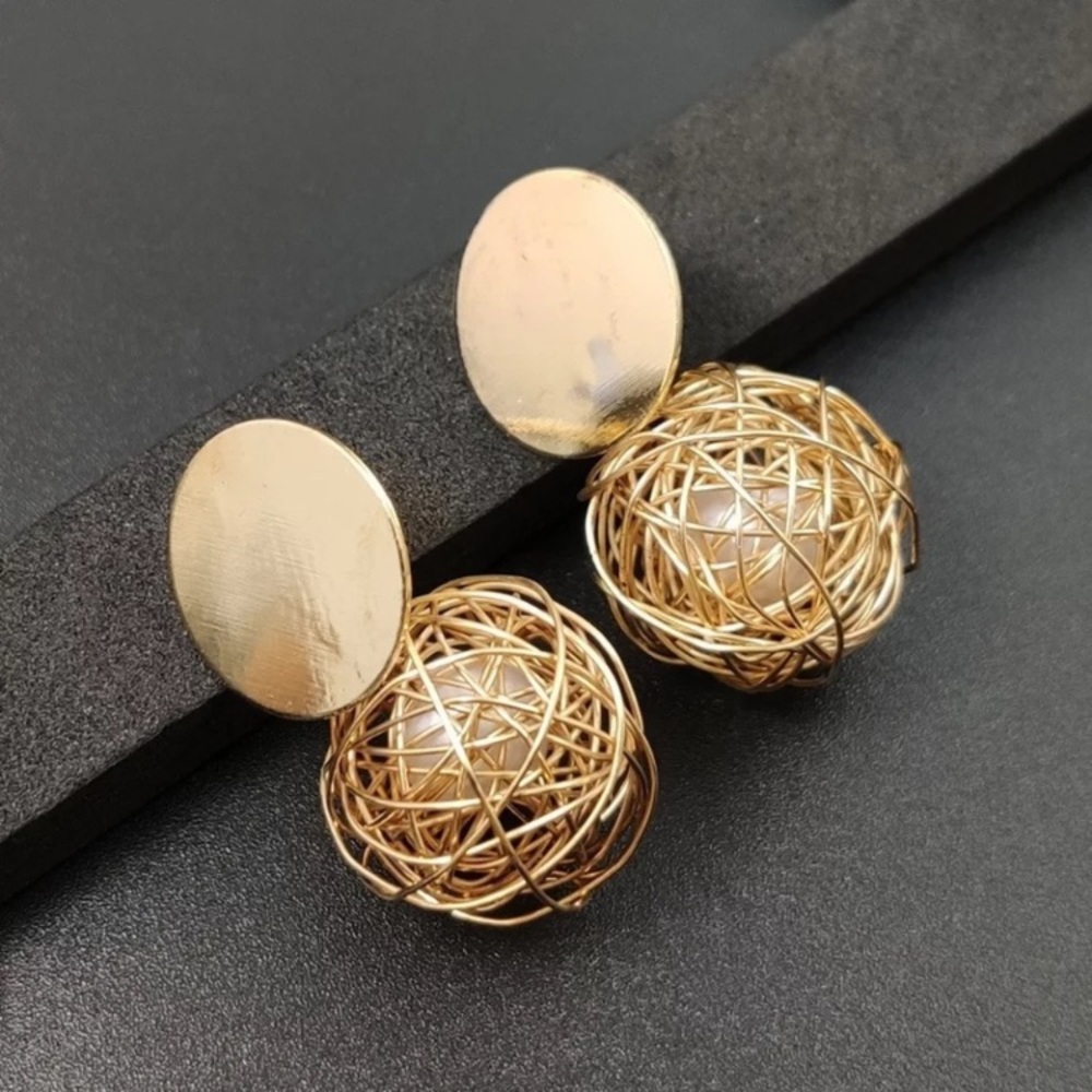 Fashion Gold Plated Geometric Ball Pearl Drop Earrings